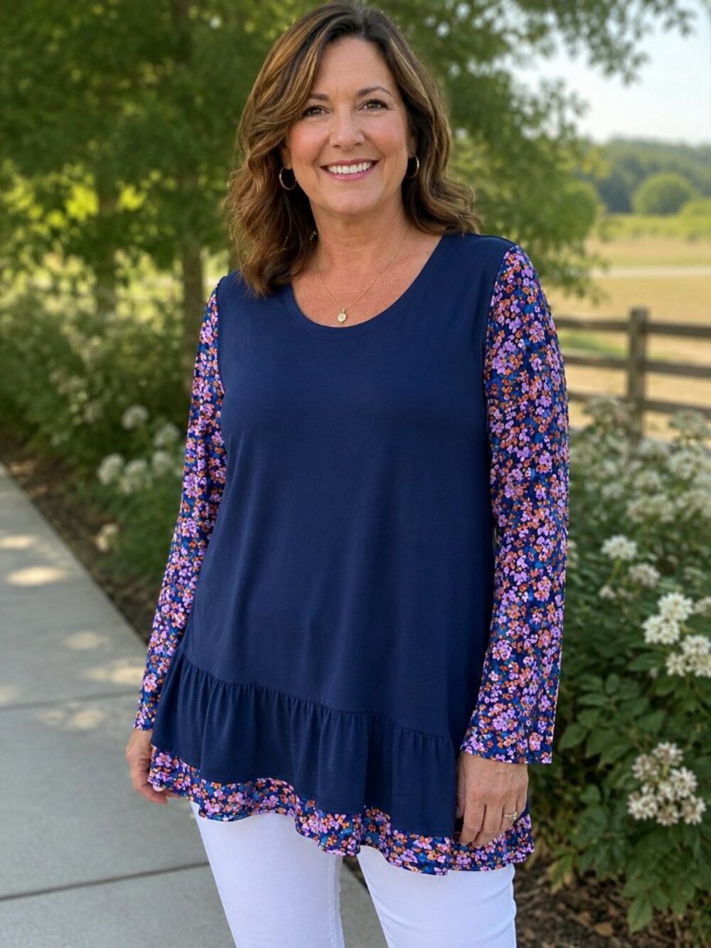LOGO by Lori Goldstein Long Sleeve Scoop Neck Navy Blue w/Florals Tunic L